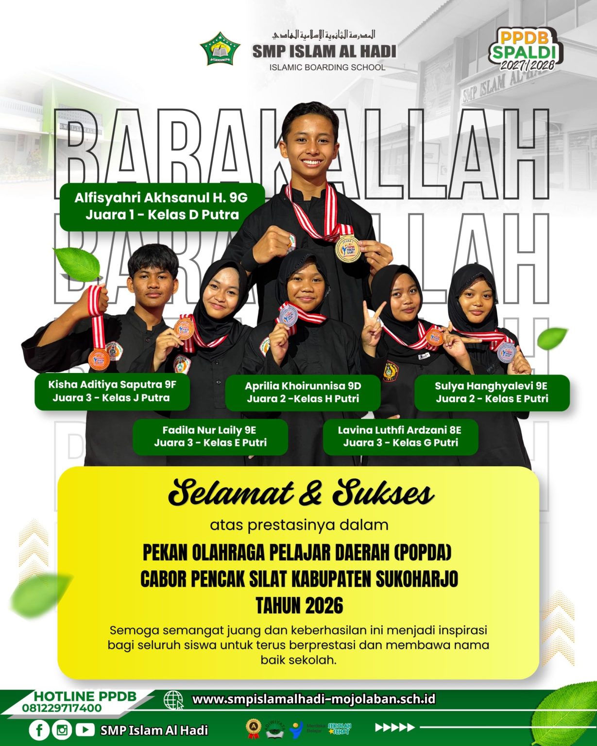 Siswa SMP Islam Al Hadi Borong Medali di POPDA Pencak Silat Sukoharjo 2026